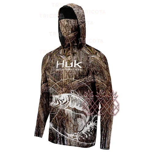 Imagen 2 del producto HUK-camisas de pesca de camuflaje para hombre, ropa de pesca transpirable con protección solar, que absorbe la humedad, secado rápido, máscara con capucha, Tops