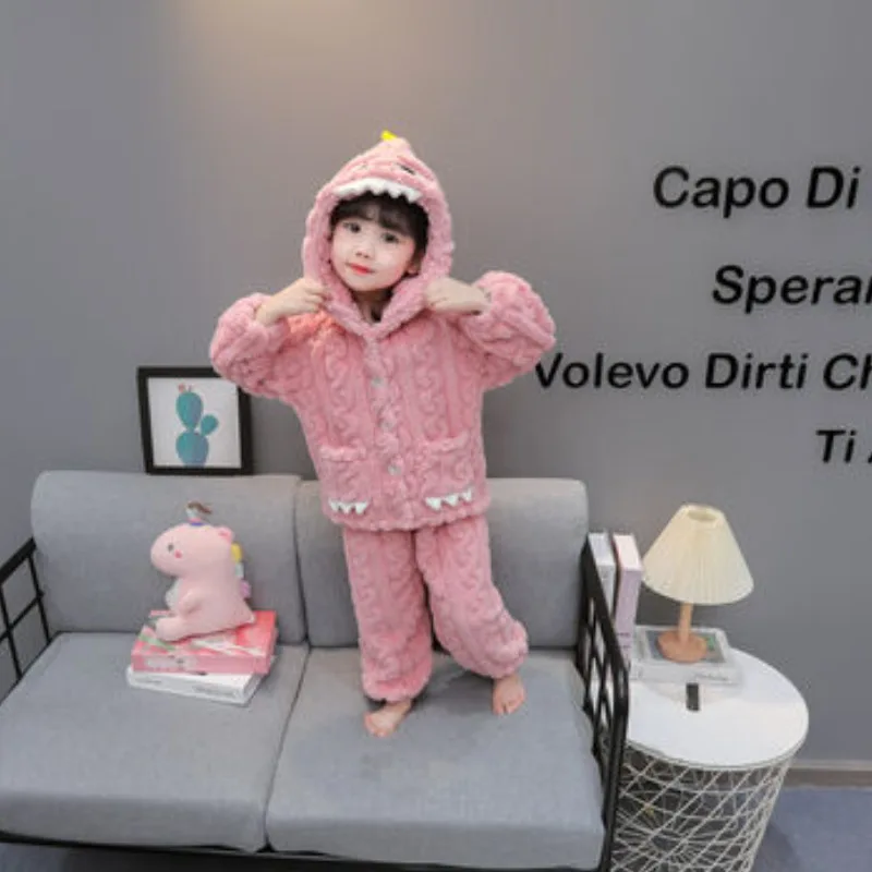 Girls Furry Pajamas Fall Winter 2026 Kids Cute Dinosaur Hooded Baby Pink CreativeTwo Piece Set Loungewear