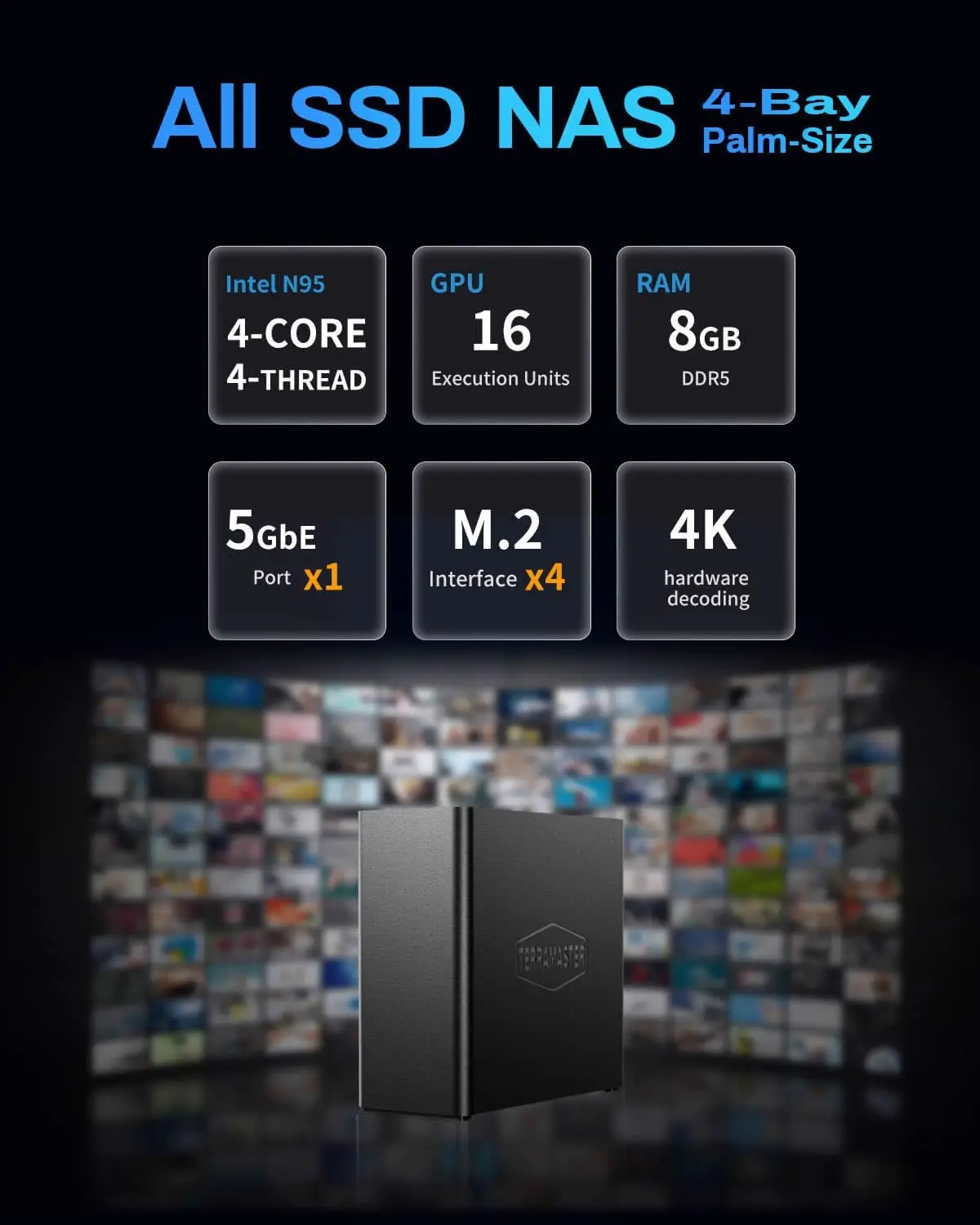 TERRAMASTER F4 SSD 4Bay NAS تخزين جميع خادم SSD NAS N95 QuadCore CPU 8GB DDR5 RAM 5GbE منفذ تخزين مرفق