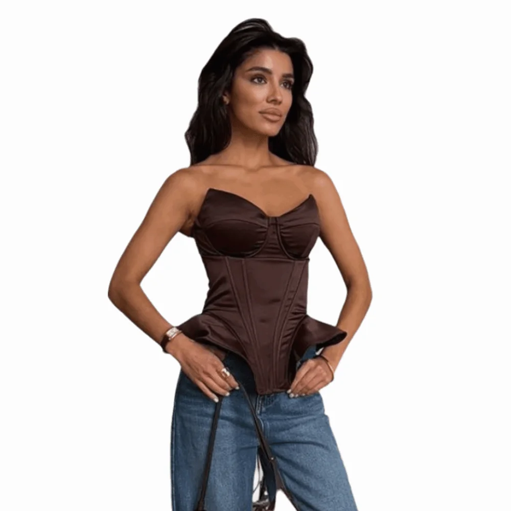 Modny seksowny top gorsetowy bez ramiączek, bez rękawów, jednolity kolor, z fiszbinami, odkryte ramiona, bez pleców, na wieczorne okazje.