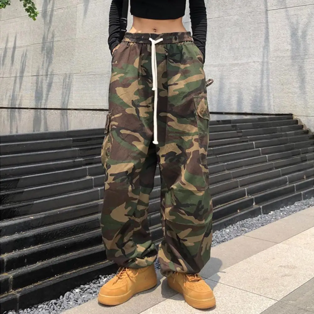 Women Cargo Pants Elastic Waist Adjustable Drawstring Loose Fit Casual Trousers With Big Pockets Leisure Pants Streetwear