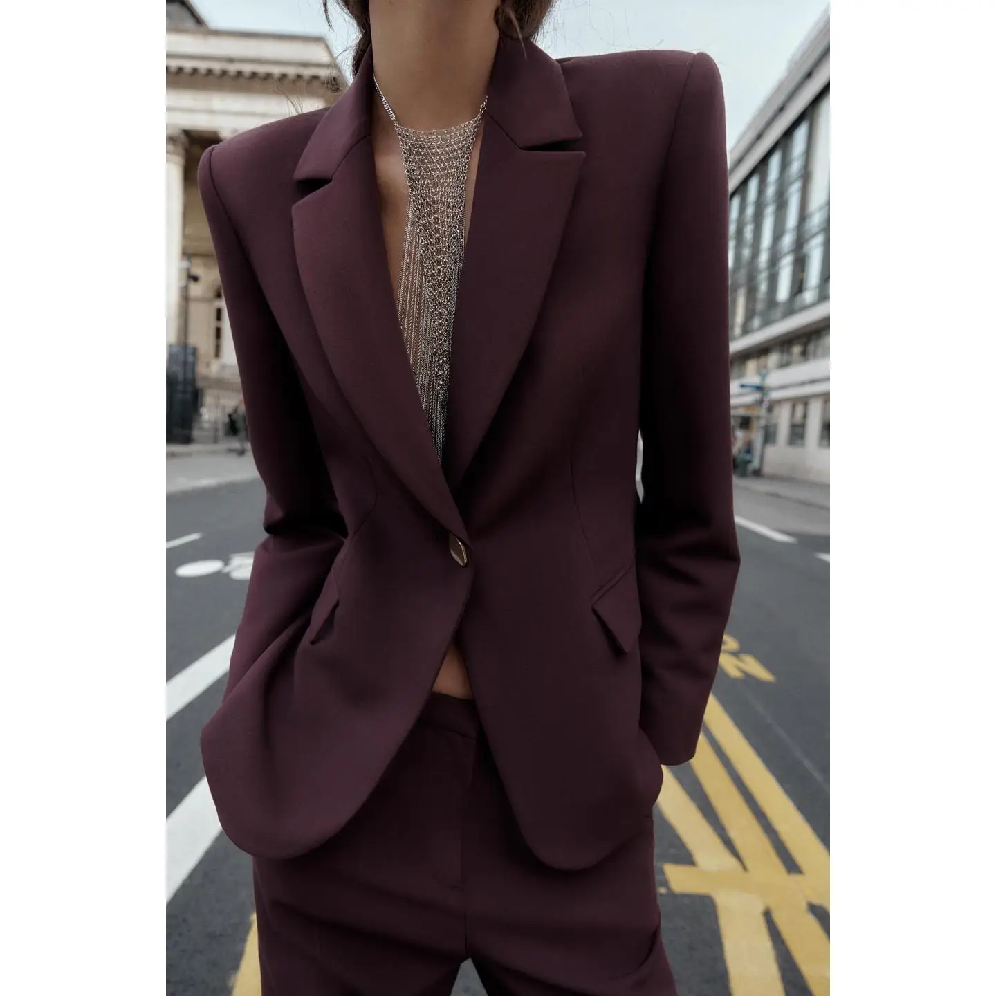 

Tailored oulder Padded Slim Fit Suit Jaet High Waist Straight Leg Pants Women's Busin Wear Faion Sle