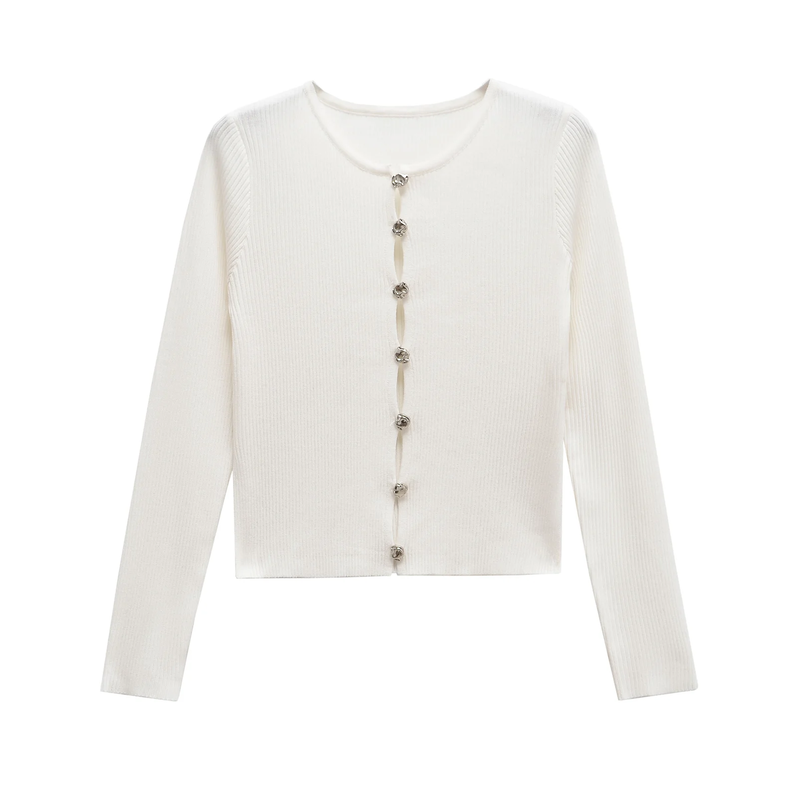 

2025 Women's Spring New Product Fashionable Ribbed Round Neck Long Sleeve T-Shirt Tight Knitted Jacket