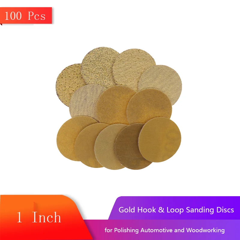 1 Inch Gold Hook & Loop Sanding Discs 100 Pcs Assorted 60/80/120/220/320 Grit for Polishing Automotive Metal and Woodworking