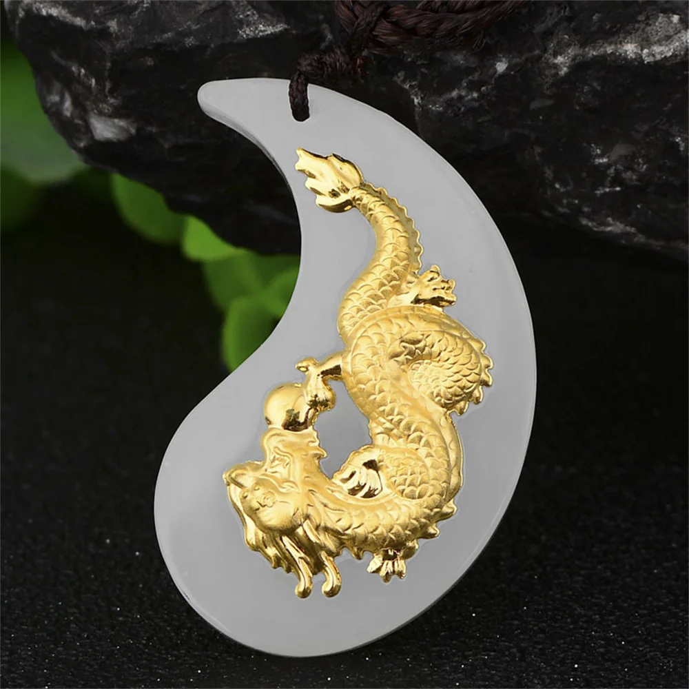 Retro Natural White Hetian Jade Solid Gold Inlaid Dragon Phoenix BaGua Pairs Pendant Amulet Necklace Certificate Vintage Jewelry