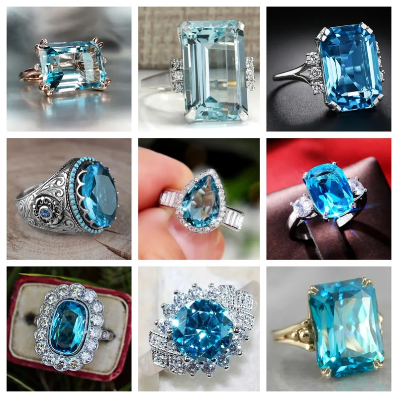 New European and American Translucent Blue Zircon Inlaid Banquet Ring, Simple, Fashionable, Personalized High-end Jewelry