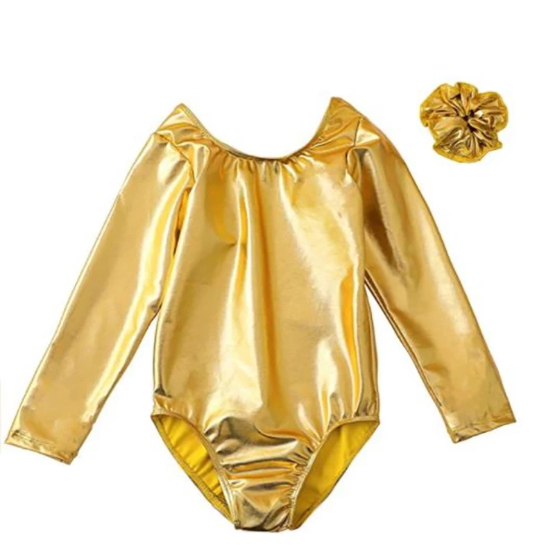 Speerise Kids Girls Long Sleeve Shiny Metallic Spandex Gymnastics Dance Leotard Glod Scoop Neck Bodysuit