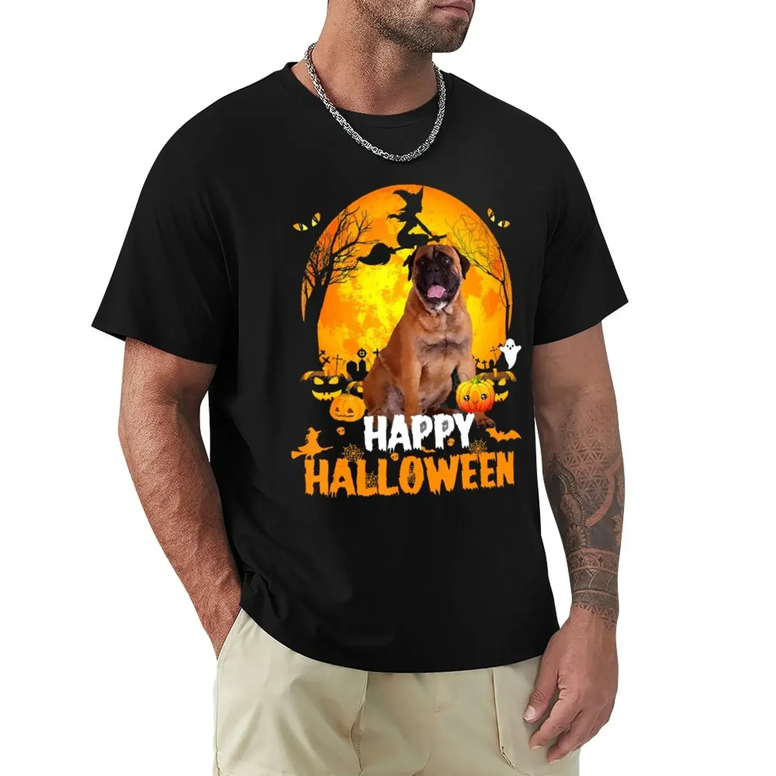 Bullmastiff Dog Happy Halloween Day With the Moon & Pumpkin T-Shirt heavyweights for a boy Short sleeve tee men