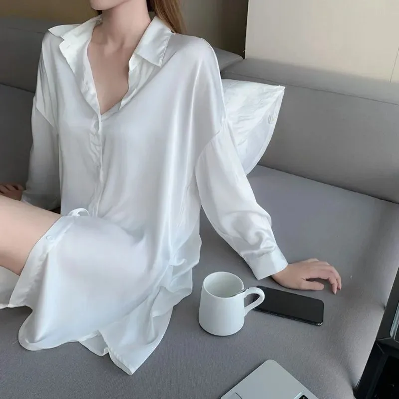 Women's Ice Silk Nightshirt Oversized White Shirt Style Sleepwear for Summer