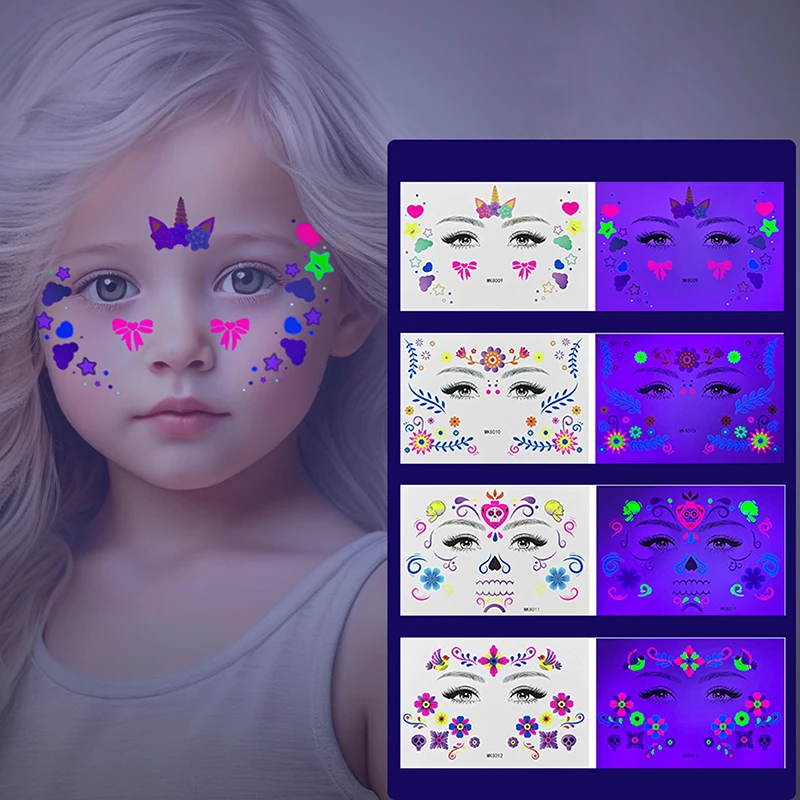 1 Sheets Luminous Tattoo Stickers Kid Adult Glitter Butterfly Flower Temporary Fake Tattoos On Face Arm Leg Makeup Party Decor