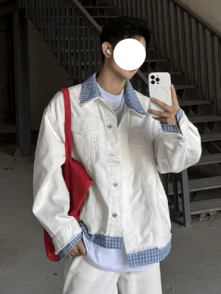 

Мужская джинсовая куртка American Sle свободного кроя с клетчатыми вставками, весенне-осенняя повседневная верхняя одежда без наполнителя