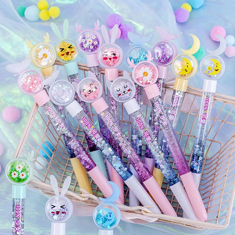 1PC Kawaii Rabbit Moon Liquid Quicksand Gel Pen Neutral Pen Sequins Decorate Signature Pen School Office Supply Stationery Gifts