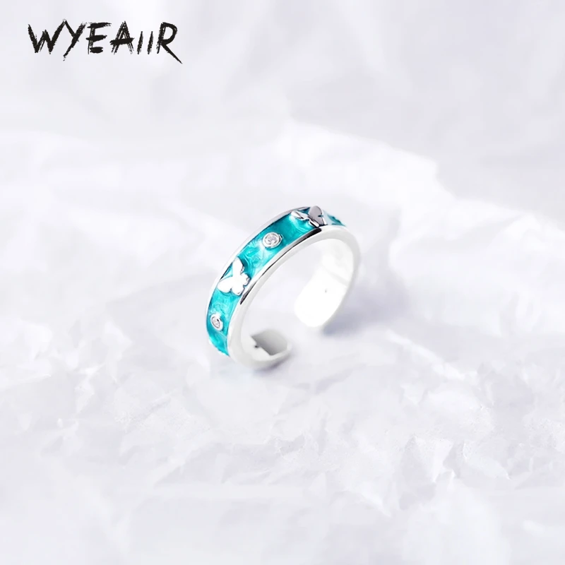 WYEAIIR 925 Sterling Silver Blue Drop Enamel Butterfly Lovely Sweet Fine Jewelry Luxury Resizable Opening Female Ring