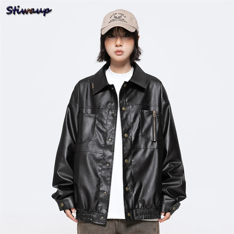 

Women's Black Male Leather Jacket PU Turndown Collar Vintage Men's Waterproof Jackets and American Retro Couple Coats for Womens