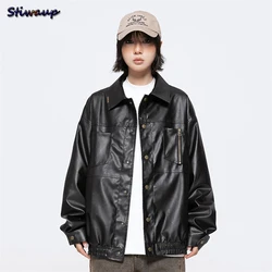 Women's Black Male Leather Jacket PU Turndown Collar Vintage Men's Waterproof Jackets and American Retro Couple Coats for Womens