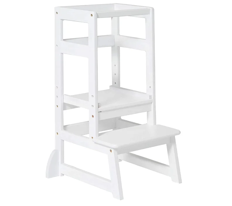Adjustable White Solid Wood Learning Tower Toddler Kitchen Helper Safe Kids Standing Step Stool