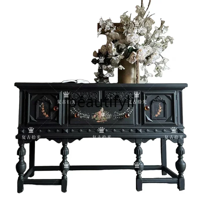 

D80 French retro solid wood carving flower entrance cabinet painted flower decoration cabinet living room wall display cabinet