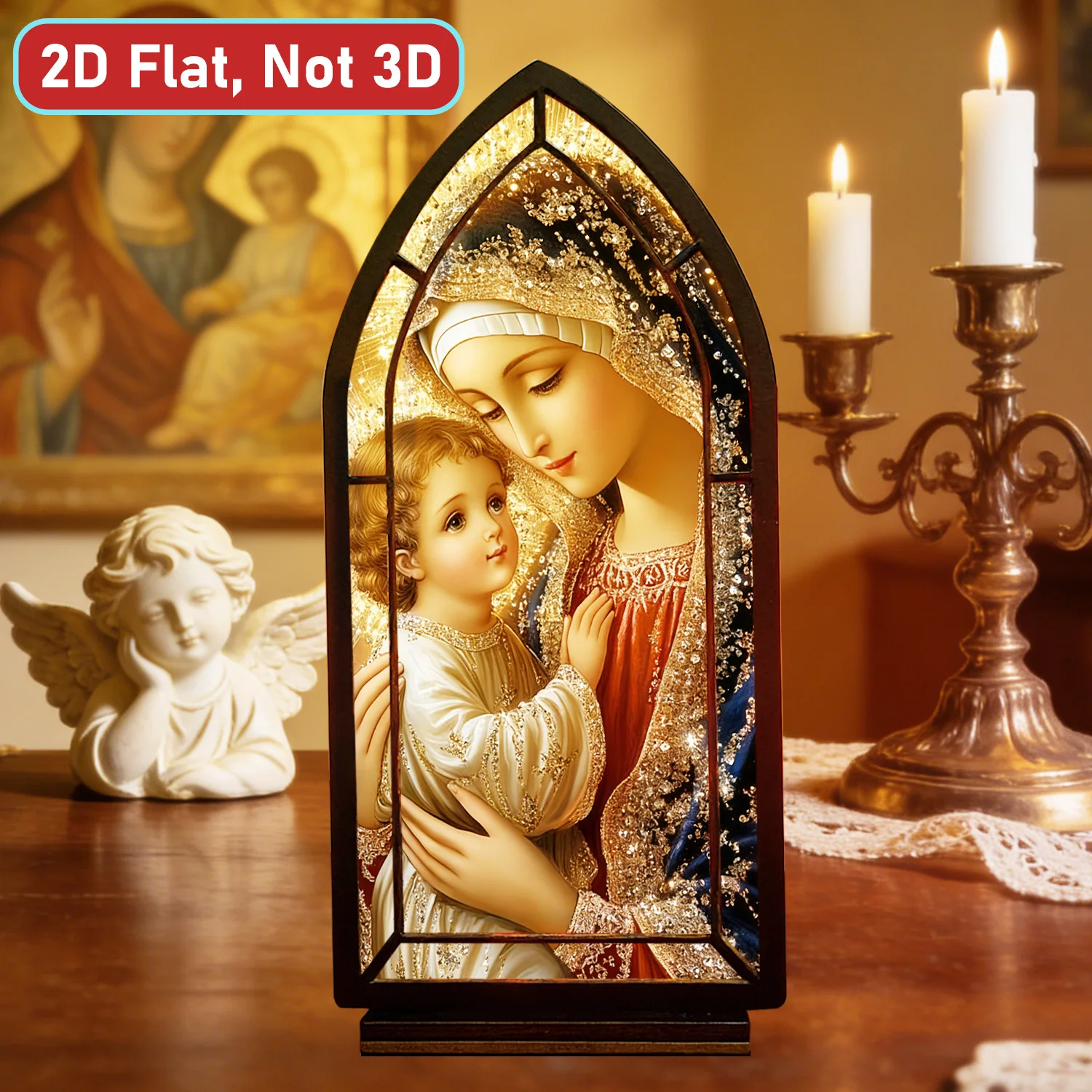 Placa Decorativa de Madera con la Virgen María y el Niño, Estilo Gótico, con Detalles Brillantes en Rojo y Azul, Regalo Católico para el Hogar, Rincón de Oración
