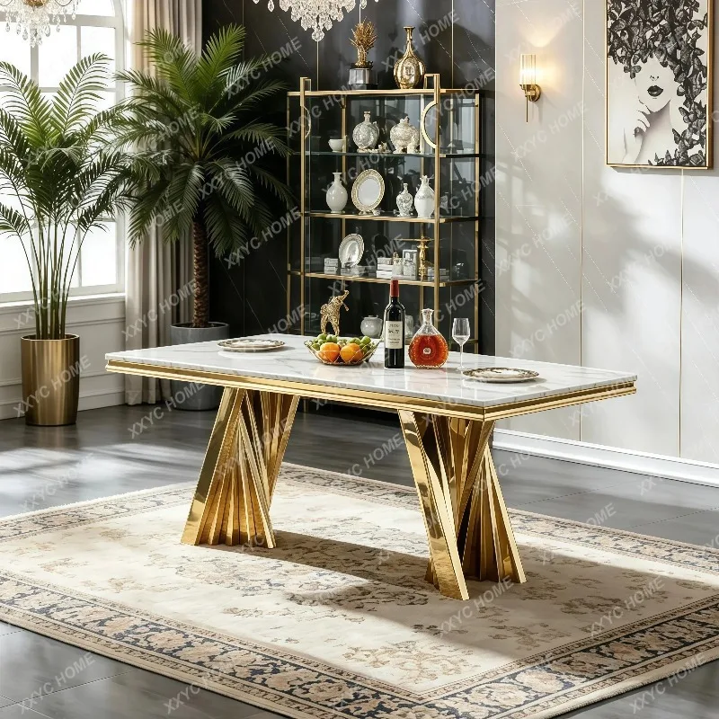 XXModern Custom Size Marble Dinner Table Heat Resistant Easy Clean Stone Top Stainless Steel Support For Commercial Interior