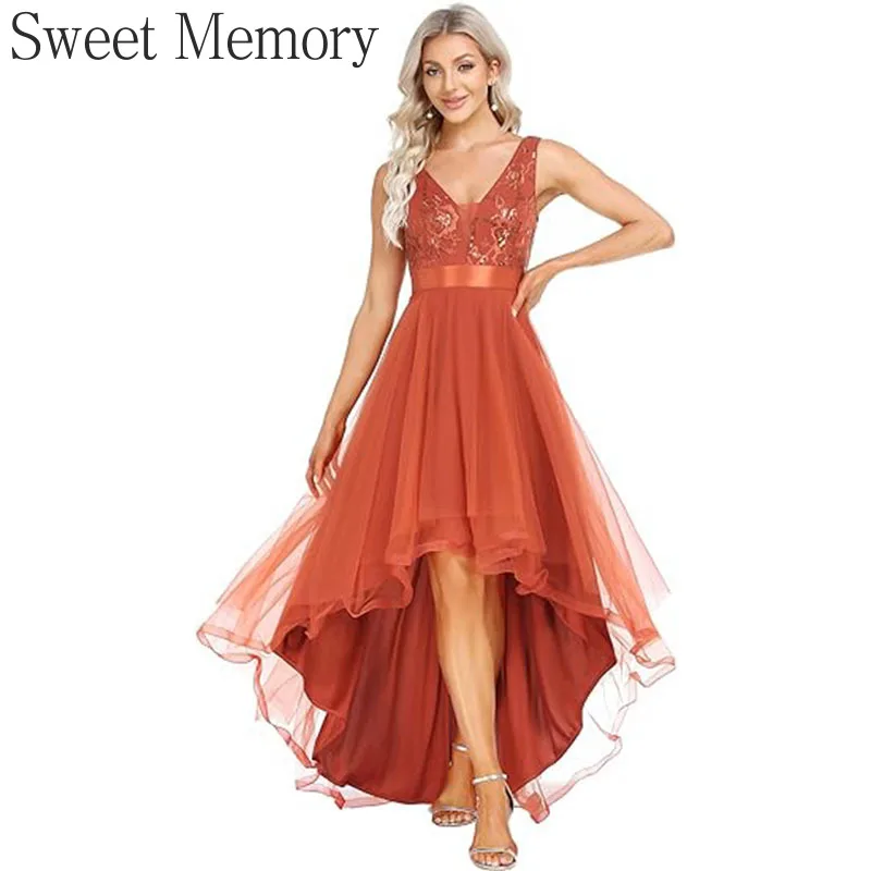 M5152 vestidos de noche altos y bajos personalizados dulce recuerdo mujer señora lentejuelas malla tul cuello en V sin mangas vestido de fiesta de graduación