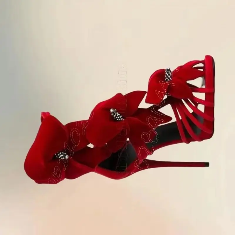

Red Suede Flower Crystal Decor Sandals Back Zipper Women Shoes Thin High Heels Peep Toe Party Banquet 2026 Zapatos Para Mujere