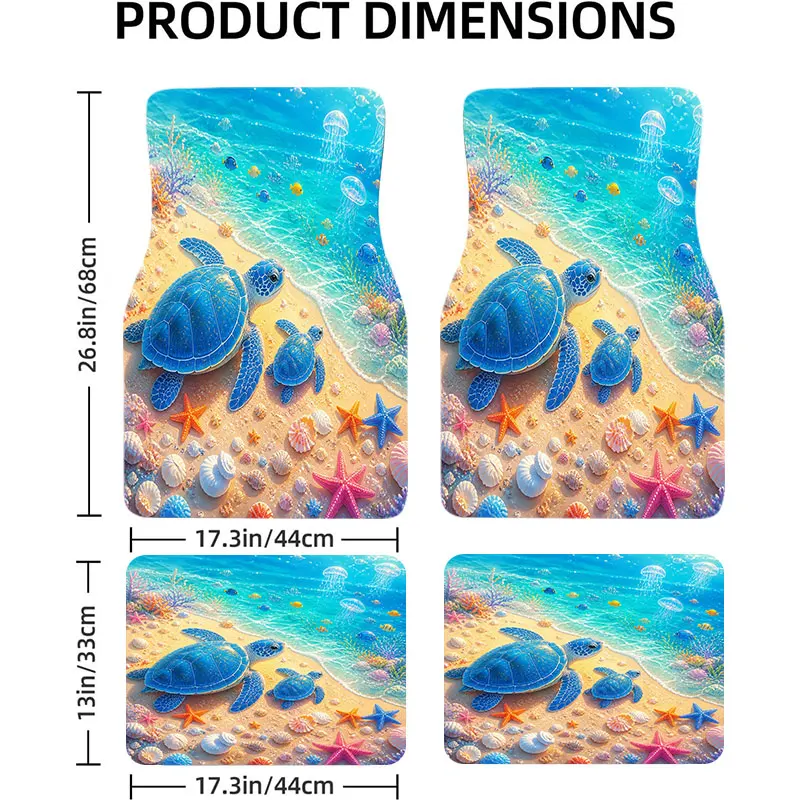 Blue Sea Turtle Beach Car Floor Mats, 4pcs Universal Fit, Vibrant Parent & Baby Turtles on Golden Sand with Turquoise Water & Ma