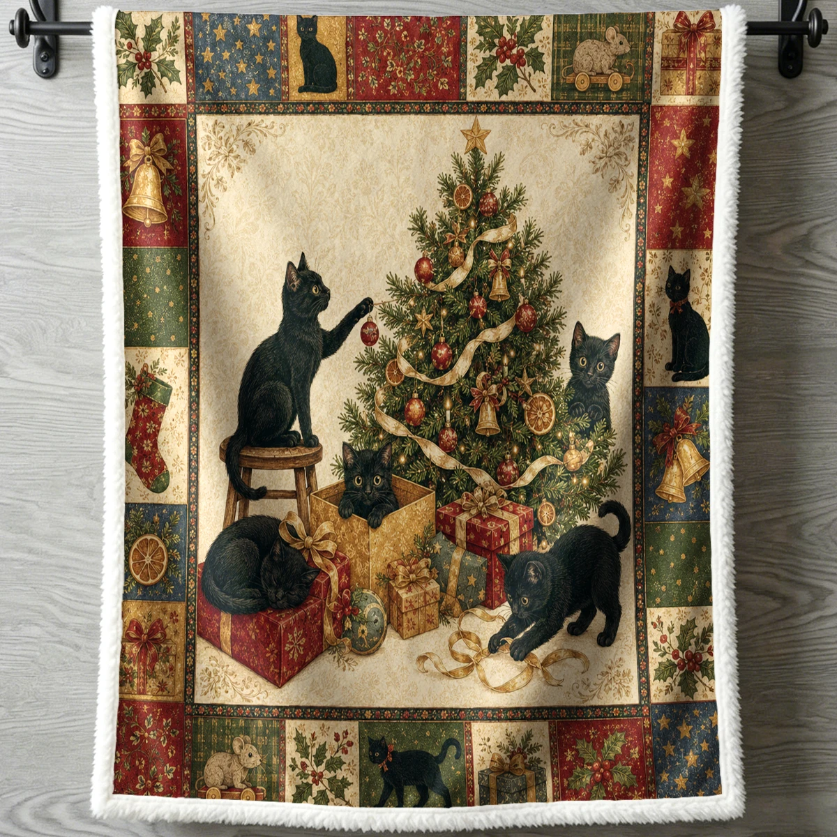 Christmas Cat Sherpa Throw Blanket Warm Black Cats Xmas Tree Breed Santa Hat Patchwork Sofa Bedroom Decor Cat Lover Holiday Gift