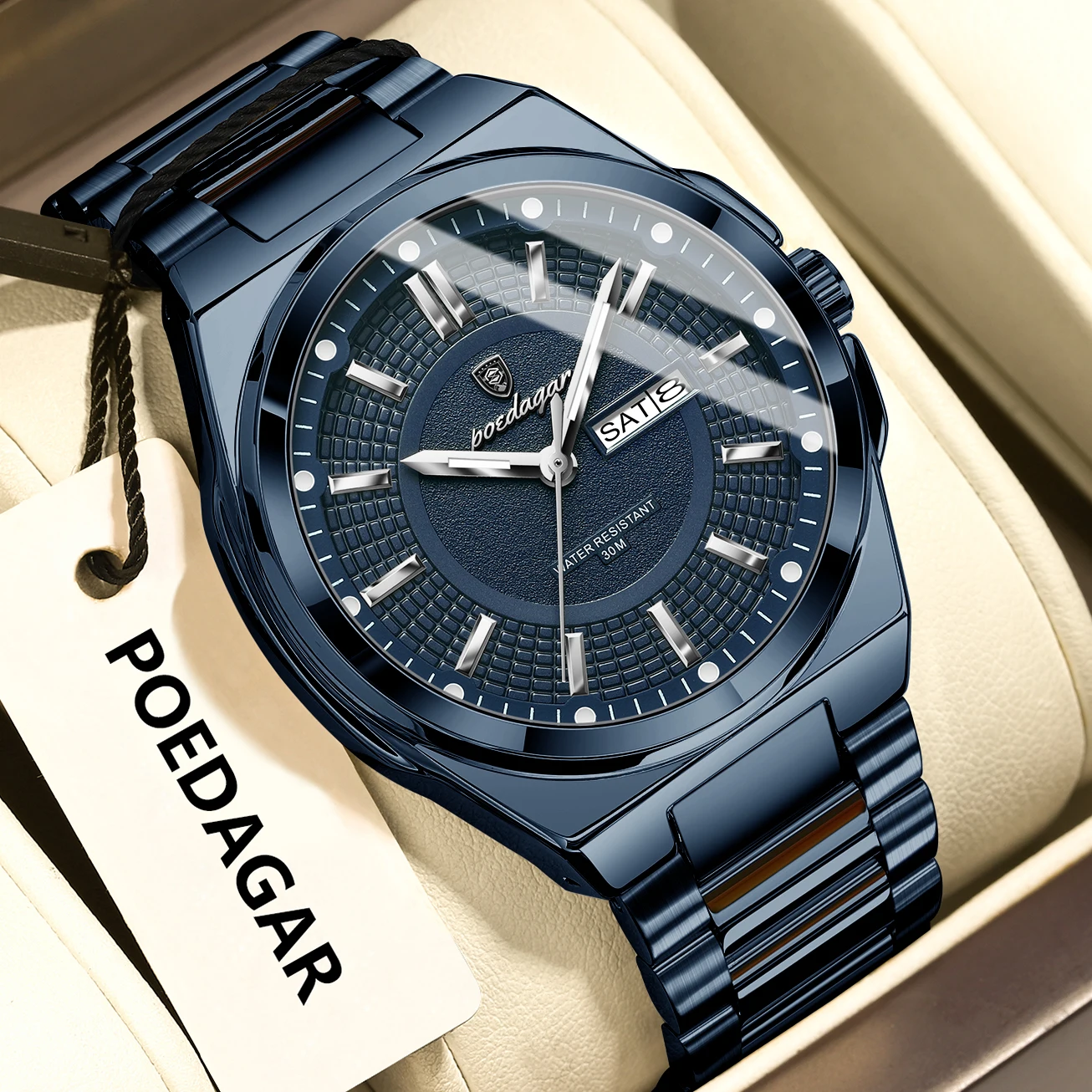 POEDAGAR Fashion Classic Men Wristwatches Stainless Steel Waterproof Luminous Man Watch Date Week Quartz Business Men's Watches