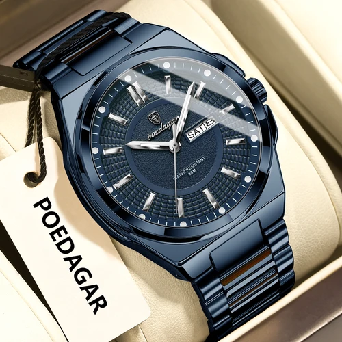 Imagen 2 del producto POEDAGAR, relojes de pulsera clásicos a la moda para hombre, reloj luminoso resistente al agua de acero inoxidable para hombre, relojes de negocios de cuarzo con fecha y semana para hombre