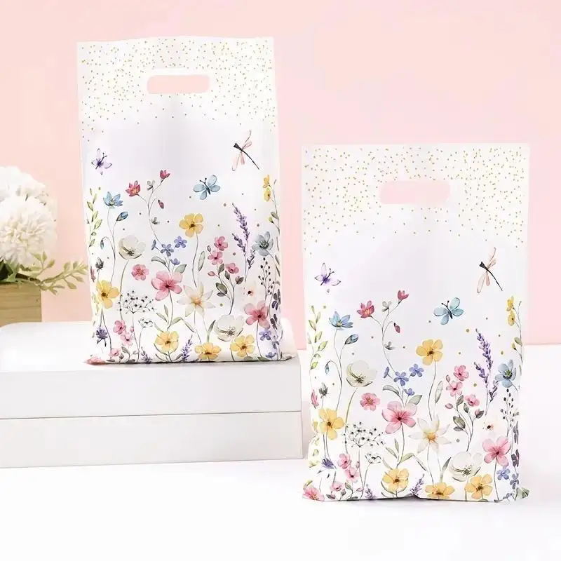 10/50pcs Wildflower Theme Plastic Gift Bags,Leaf and Flower Design,Nail Hole Handle,Perfect for Mother's Day,Weddings,Birthdays