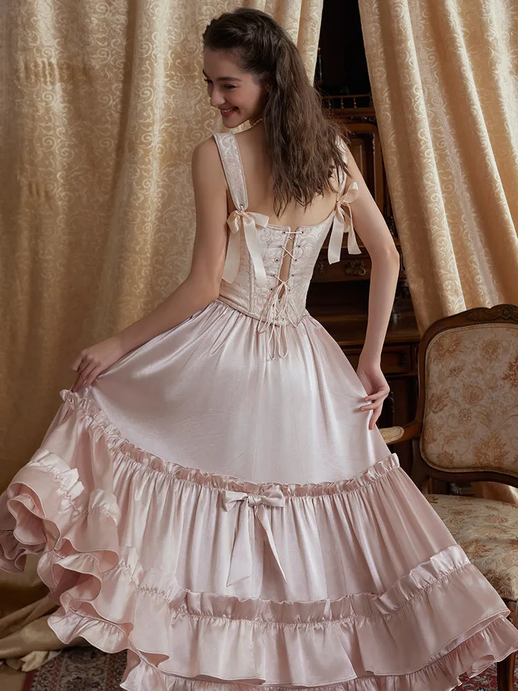 LaceMade Princess Fairy Pink France Palace Dobby Fishbone Tube Top and Ruffels Satin Long Skirt Set 2pcs Summer Dress Set image 3