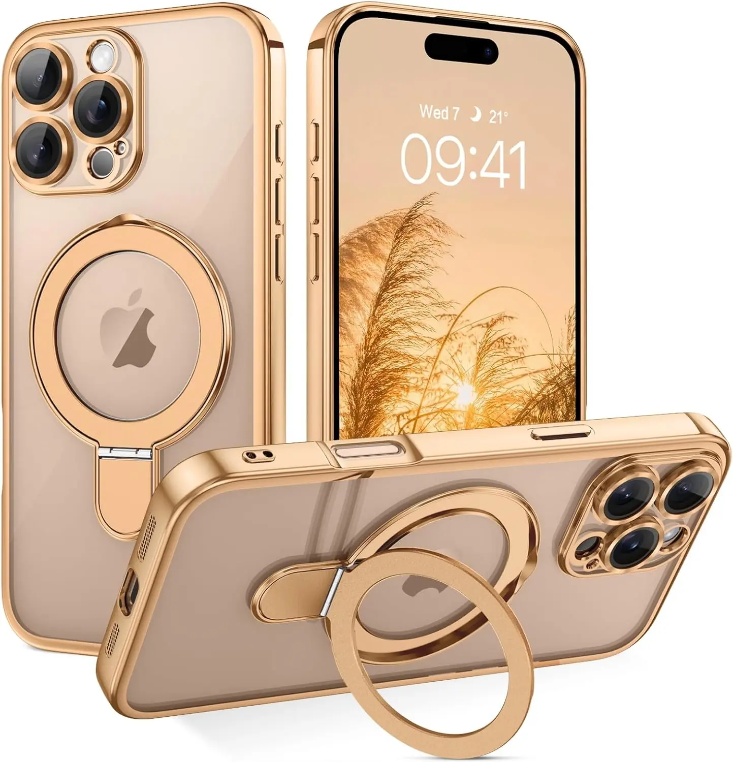 

Magnetic Clear Case with Stand for iPhone 16 Pro, Slim Protective Kickstand in Desert Gold