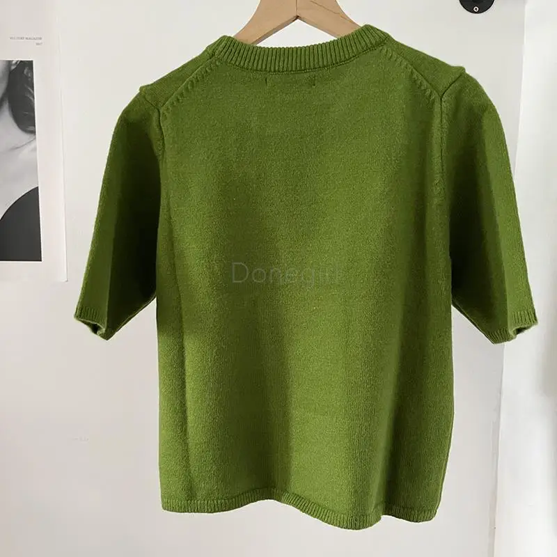 Donegirl 2023 New Women Round Neck Short Sleeve Solid Versatile Knitted Sweater Pullovers Commute Simple Short Tops Female Chic