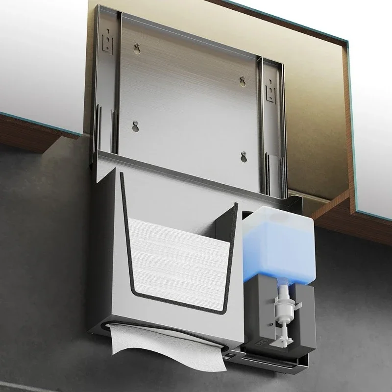 Stainless steel wall-mounted smart paper box behind the mirror of the hidden induction hand washing soap dispenser