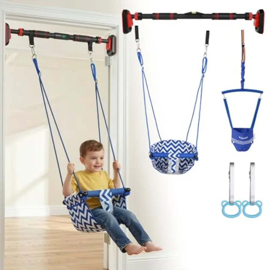 

Indoor playground set for toddlers: doorway jumper swing with pull-up bar steel frame blue/red 4-in-1 multifunctional exercise