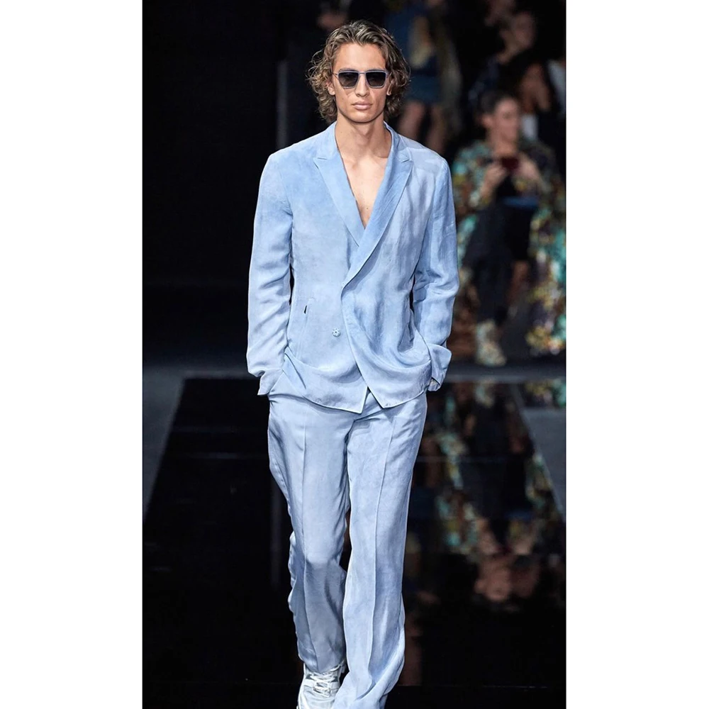 

Minimalist Light Ice Blue Single-Breasted Slim Fit Men's Blazer&Pant 2 Piece Set Peak Lapel Office Casual Party Male Outfits