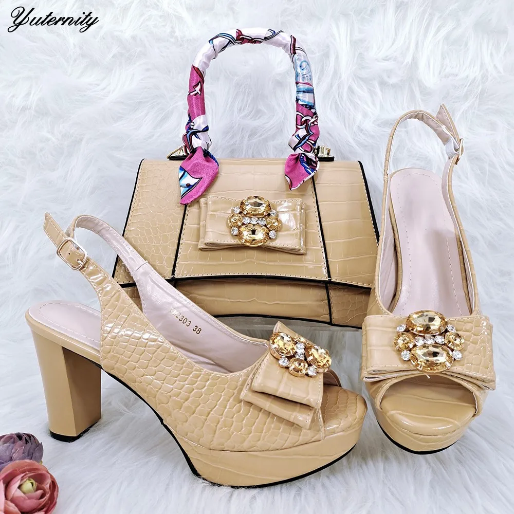 2024 Fashion Elegant Decorated With Rhinestone Shoes And Bag Set African Summer High Heels Shoes And Bag Set For Evening Dress