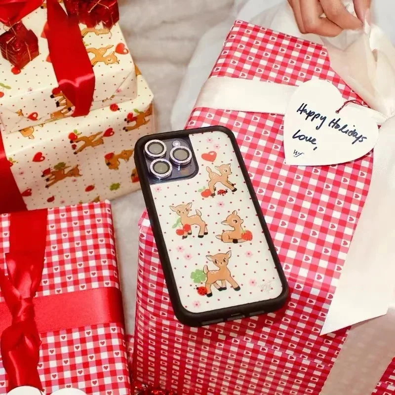 Wildflower Cute Cartoon Christmas Love Cherry Strawberry Fawn Phone Case For iPhone 13 12 14 15 16 17 Pro Max Christmas Gift