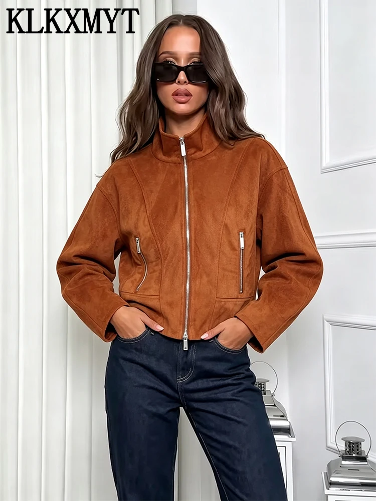 KLKXMYT Women Stand Collar Jacket 2026 Autumn Long Sleeve Zippers Pockets Coats Solid Causal Streetwear Fashion Jackets