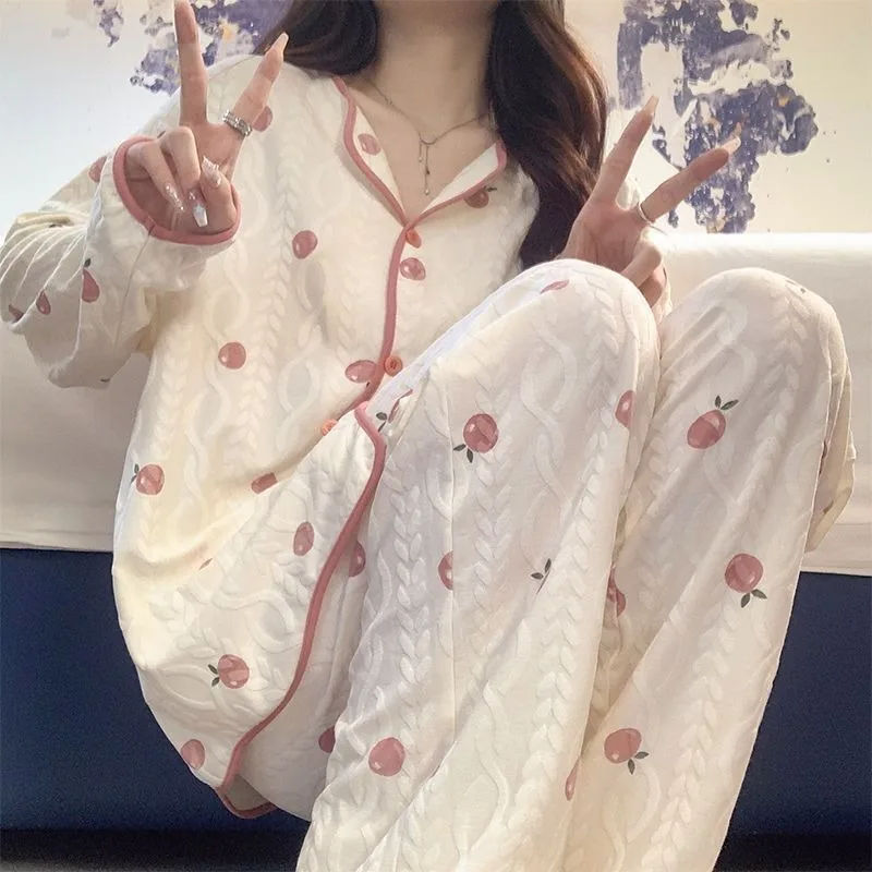 2024 New Women Spring and Autumn Sleepwear Loose Long Sleeve Pants Nightgown Small Fragrance Sweet Pyjamas Lapel Print Sleepwear