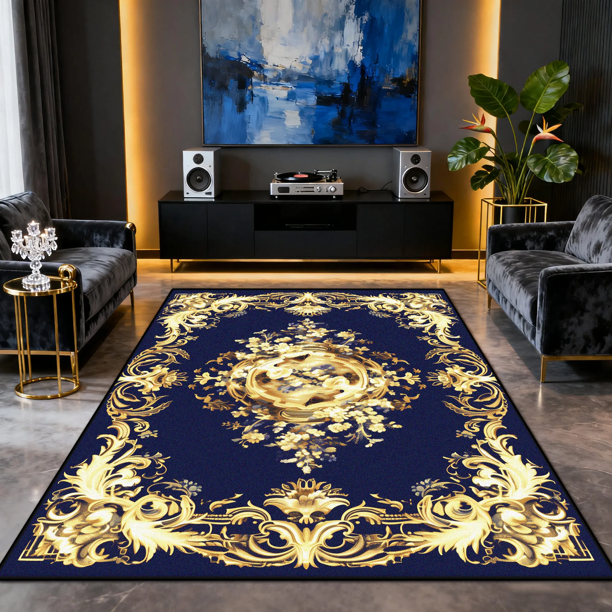 European Golden Blue Flower Non-slip Carpet for Living Room Luxury Decoration Bedroom Soft Rug Easy Clean Short Velvet Floor Mat