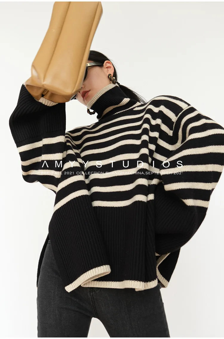 Lightweight Sweaters for Women Women Striped High Collar Sweaters Loose Knitted Pullover Oversized Jumper Top