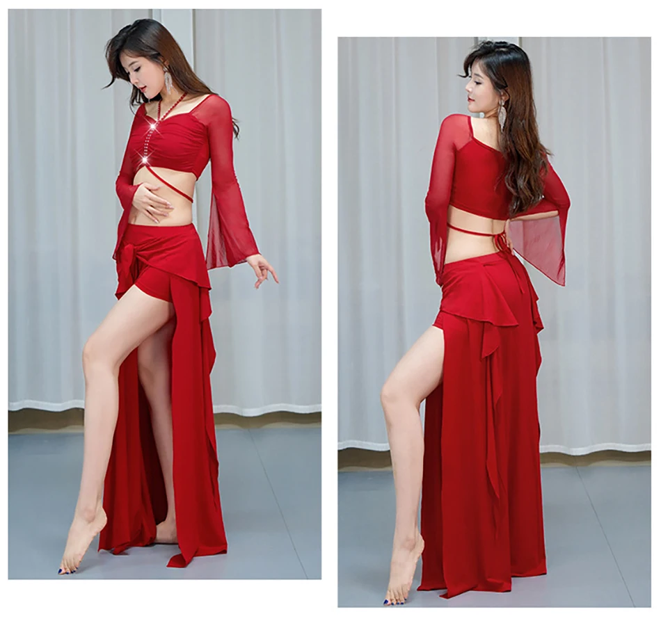 Костюм для танца живота, топ и юбка с длинными рукавами, комплект из 2 предметов для взрослых женщин, сценическое представление, сексуальная сетчатая одежда, тренировочная одежда