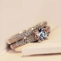 Dazzling Rose Gold Silver Color Round Ring for Women Metal Inlaid Zircon Stones Wedding Rings Set Engagement Jewelry