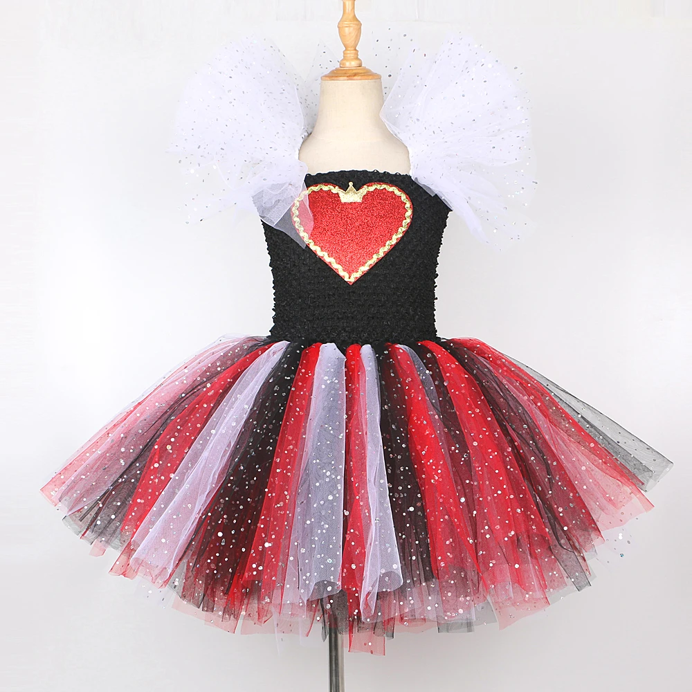 Twinkle Red Queen of Hearts Costumes for Girls Sparkly Halloween Tutu Dress for Kids Girl Devil Witch Outfit with Crown Wand