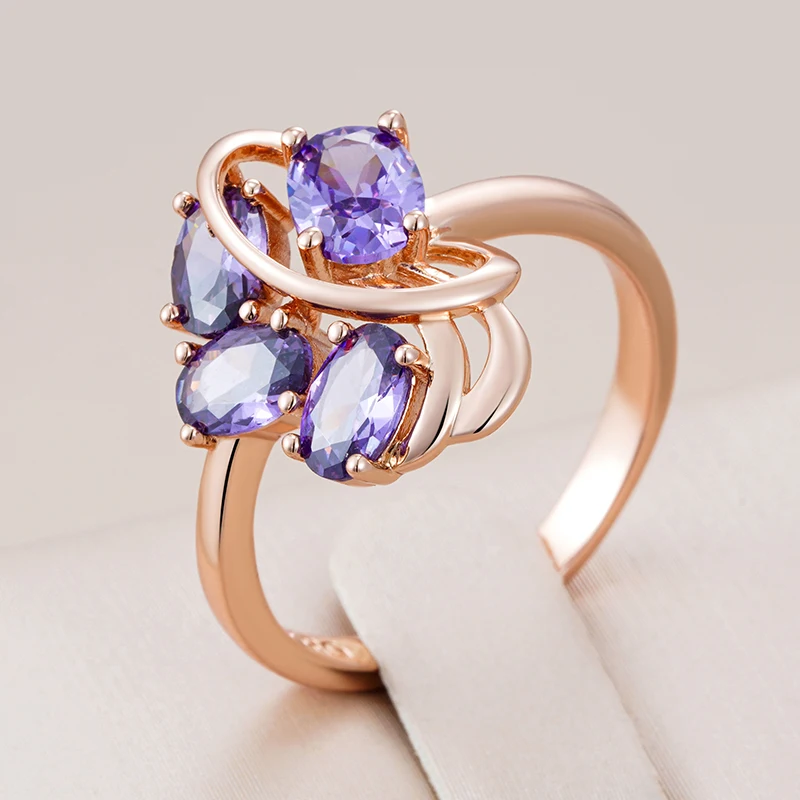 Kinel Hot Ethnic Wedding Ring for Women Fashion 585 Rose Gold Color With Shiny Purple Natural Zircon Daily Fine Vintage Jewelry