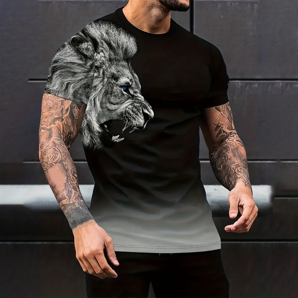 Lion Pattern Print Men\'s Vintage T-Shirt Gradient Graphic Tee Men\'s Summer Outdoor Casual Male Clothing Short Sleeve Top For Man