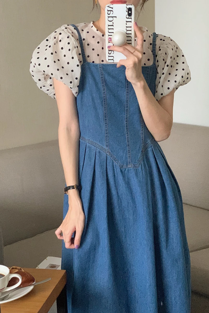 Chic Polka Dot Short Sleeve Women's Shirt Summer 2023 Bubble Sleeve Top with Denim Halter Skirt Set Fashionable Casual Outfit