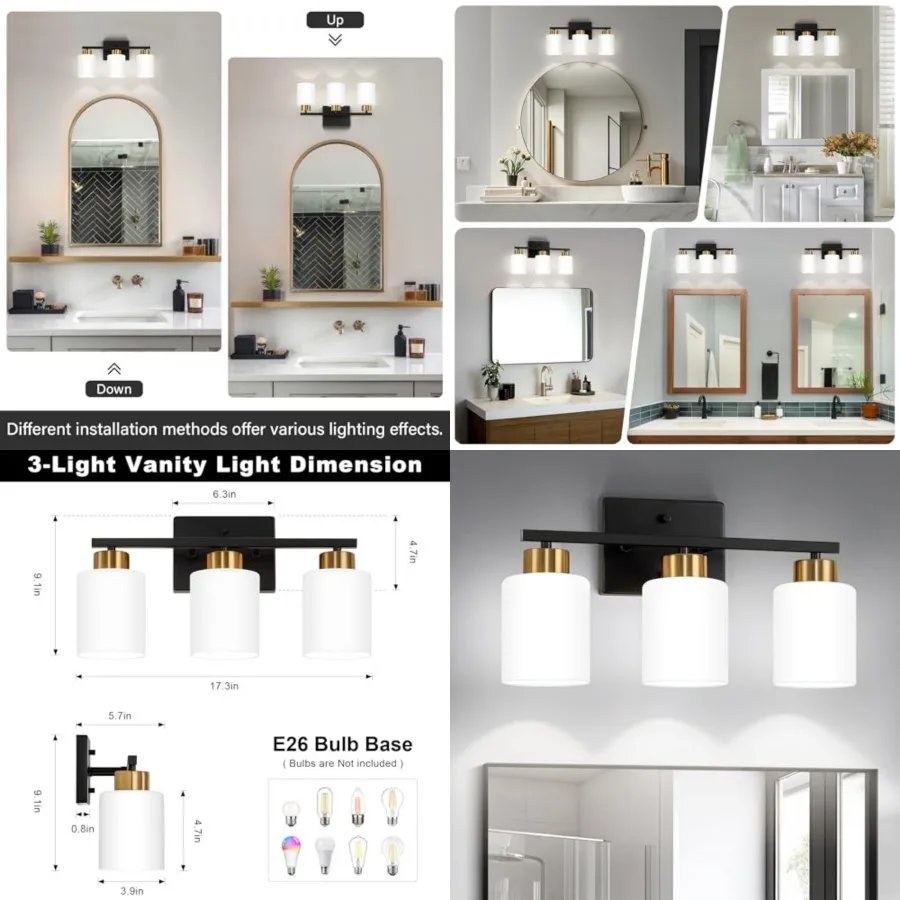 

Bathroom Light Fixtures, Modern Vanity Light Over Mirror, Wall Sconces with Milky White Frosted Glass Shades, E26 Socket Bulbs