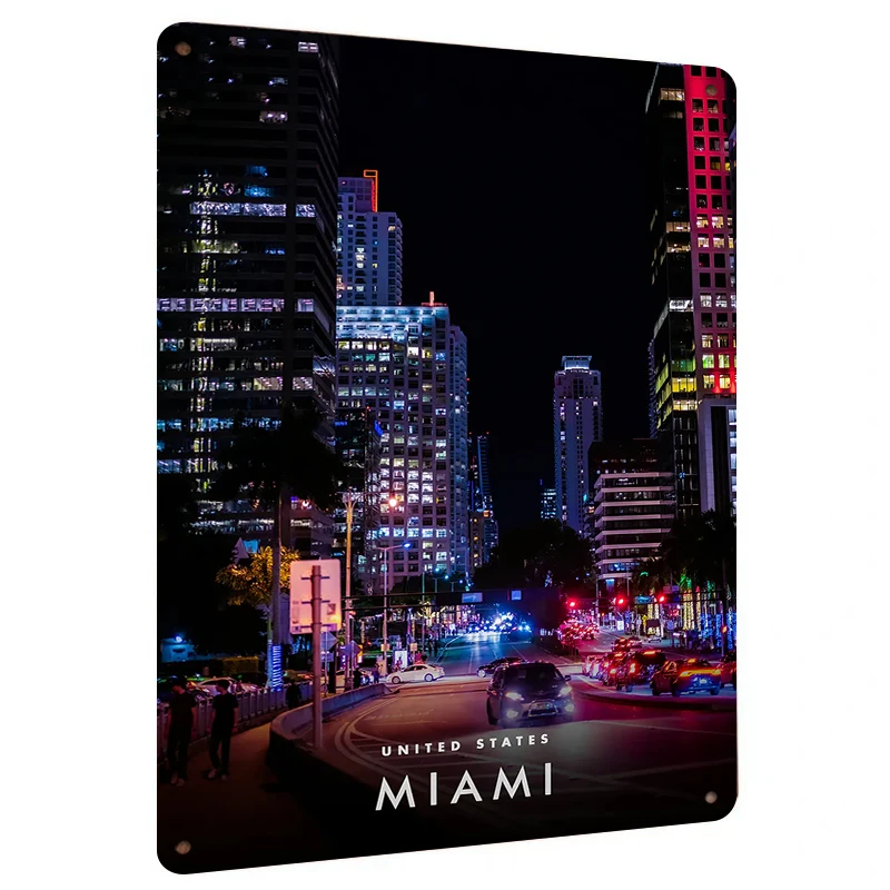Miami City Night View Metal Tin Sign Modern Home Decor Living Room Wall Art American Urban Landscape Mural